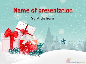 Подарочные коробки с бантами на фоне снегопада, новогодние подарки - Титульный слайд