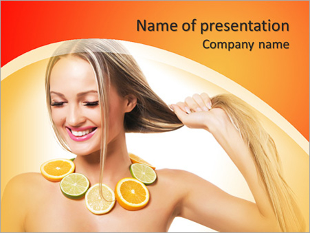 Девушка со светлыми длинными волосами в ожерелье из цитрусовых, апельсин, лимон, лайм - Титульный слайд